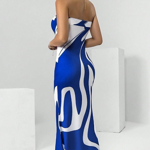 Blue Preppy Womens Graphic Two Tone Bodycon Tube Dress - Picture 2 of 5